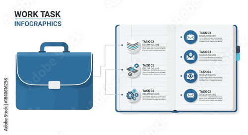 Work Task Infographics: A briefcase and open notebook form the basis of a modern infographic design, offering a clear and concise visual representation of tasks, processes, and steps in the workflow.