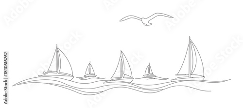 Yachts on the ocean's waves. A seagull in flight above. Draw a single flowing line. Vector artwork. Isolated on a white canvas.
