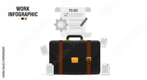 Work Infographic: A visually appealing infographic presents a briefcase, to-do list, and gear symbol, creating a comprehensive overview of work-related concepts. 