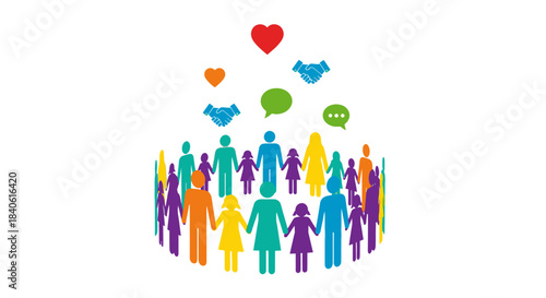 Unified Community Harmony: A vibrant graphic symbolizes the heart of a supportive, inclusive community. Featuring diverse figures.