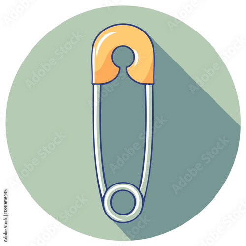 Cartoon style safety pin icon with long shadow illustration for crafts and baby supplies