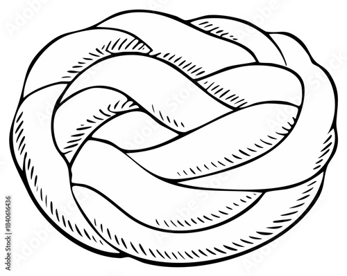Intricate illustration of a braided rope knot in a circular pattern with line art shading