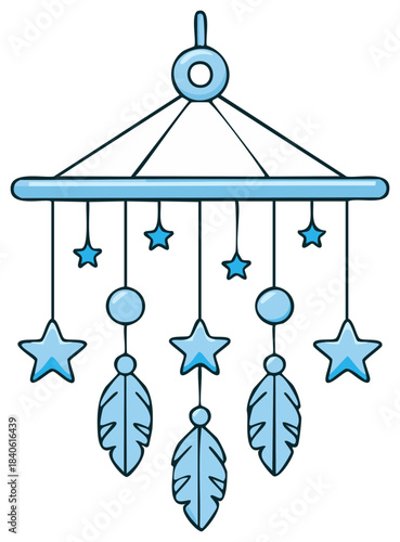 Blue Baby Mobile Hanging with Stars Circles and Feathers for Nursery Decor