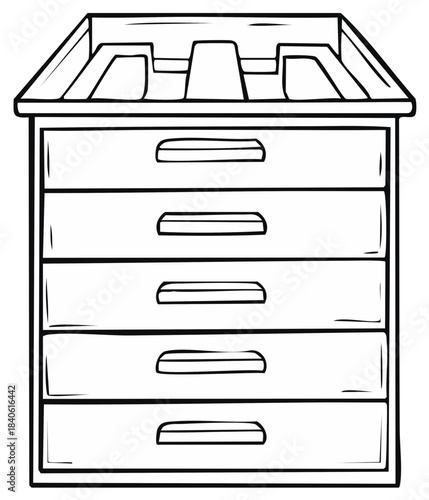 Line drawing of a five drawer filing cabinet with organized compartments on top