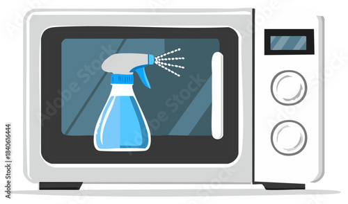 Microwave Cleaning Spraying Disinfectant Sanitizing Inside Appliances Kitchen Hygiene Vector Illustration
