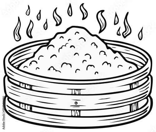 Bamboo Steamer Basket with Hot Steaming Food Asian Cuisine Line Art