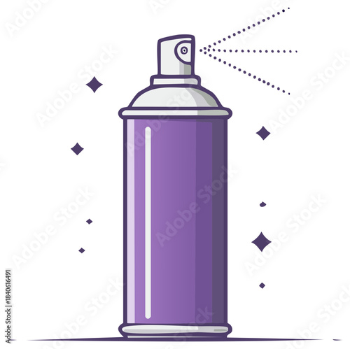 Spraying purple aerosol can with a white nozzle, sparkles, and a line-art vapor pattern emitting from the spray.