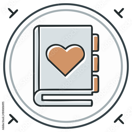 Stylized Journal with Heart Symbol and Tabs Inside a Circle