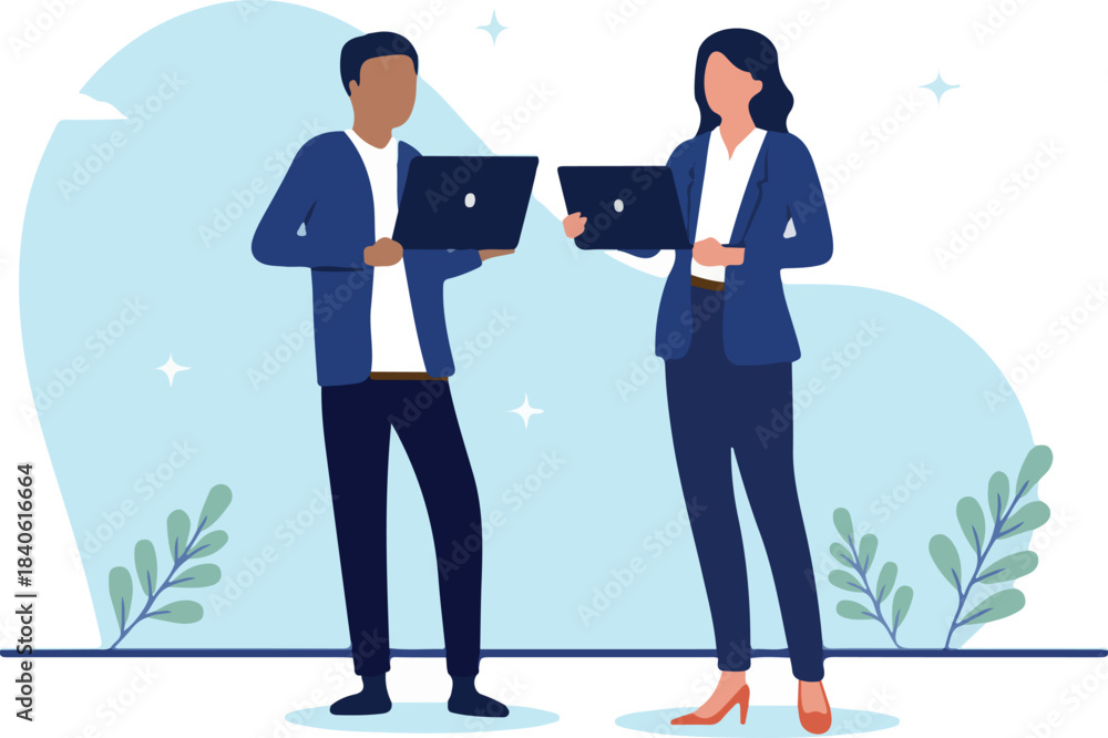 Obraz premium Business man and woman working on computer - Businessman and businesswoman standing with laptop in hands in corporate white collar office clothing smiling and working together. Flat design vector.