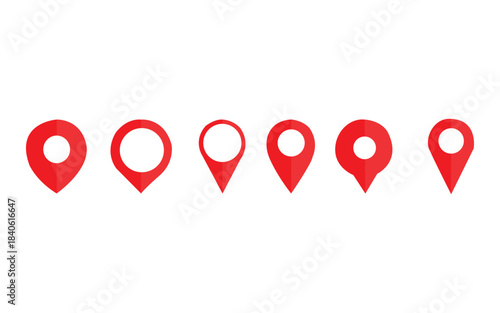 Set of red map location pins, various shapes for gps navigation markers