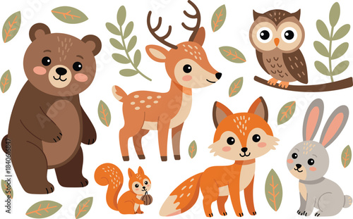 Cute woodland animals illustration set, adorable forest creatures artwork, cartoon bear deer fox owl rabbit squirrel designs for kids and nature-themed projects