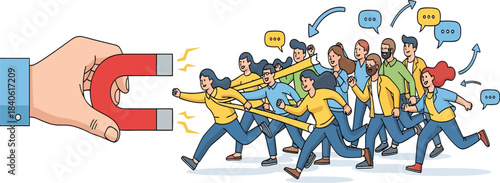Hand holding a large magnet attracting a crowd of diverse people running towards it.