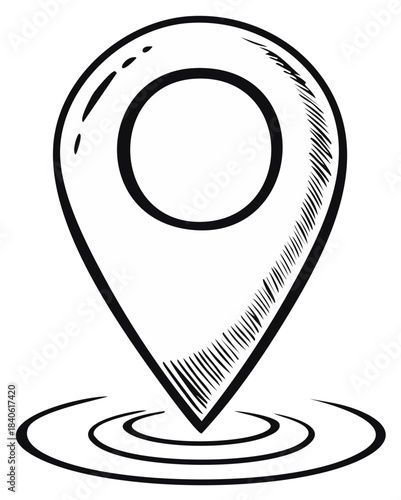 Hand drawn map pin icon with concentric circles indicating location.