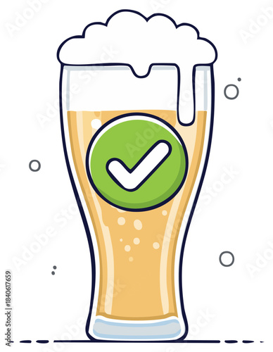 Full Glass of Beer with Check Mark, Good Choice Concept and Happy Hour Design