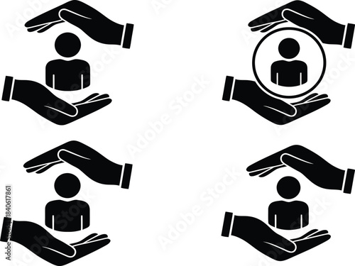 Hands sheltering and protecting diverse people icons, symbolizing care and security.