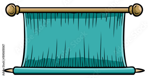 Cartoon style teal blank scroll banner with wooden rod and finials for design template