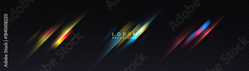 A set of bright diagonal light stripes and colored highlights on a dark background. Suitable for overlays, highlighting details, and visual accents in advertising design and illustrations. Vector.