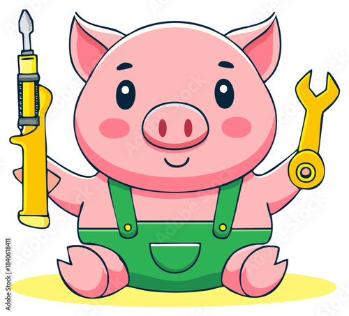 Cute Cartoon Pig Character Wearing Overalls Holding a Wrench and a Tool
