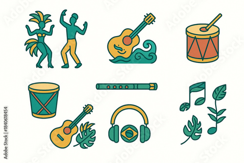 Brazilian music vector icon set with samba dancers bossa nova guitar percussion drums and tropical notes