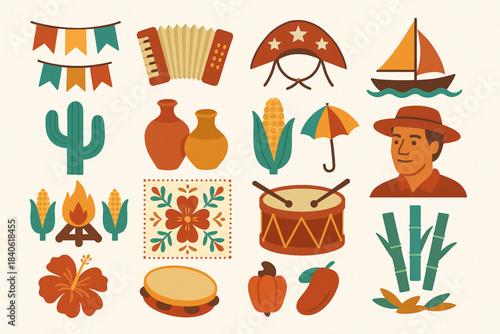 Northeast Brazil culture vector grid with São João banners forró accordion cangaceiro hat jangada boat and frevo umbrella