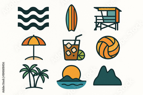 Rio de Janeiro beach culture vector grid with Copacabana waves surfboards umbrellas palm trees and sunset hills