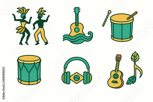 Brazilian music vector icon set with samba dancers bossa nova guitar percussion drums and tropical notes