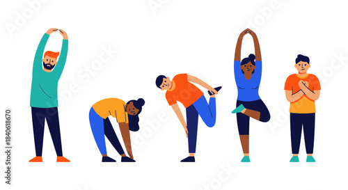 Diverse Group Demonstrating Flexibility and Well-being Through Body Exercises