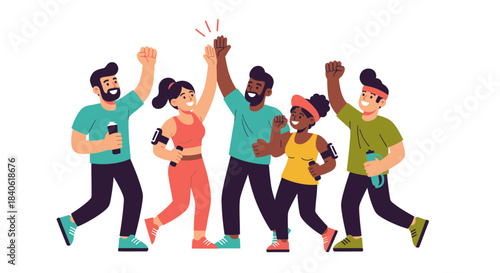 Diverse Group Celebrating Achievement Together With Water Bottles And Fitness Gear