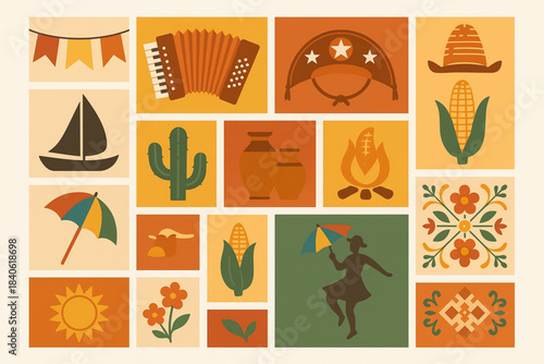 Northeast Brazil culture vector grid with São João banners forró accordion cangaceiro hat jangada boat and frevo umbrella