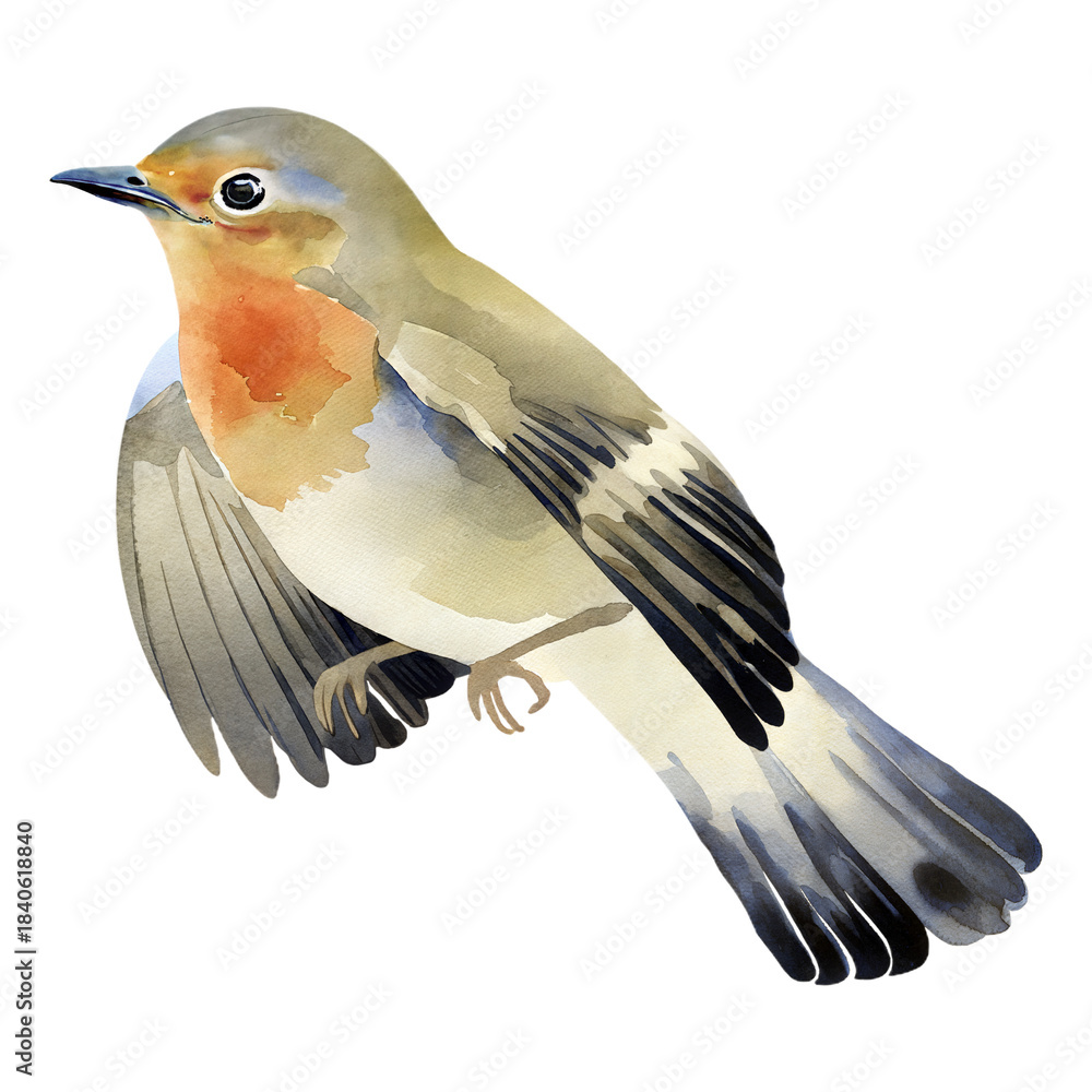 Naklejka premium Watercolor flying songbird illustration with warm orange chest and detailed soft feathers in natural earthy tones