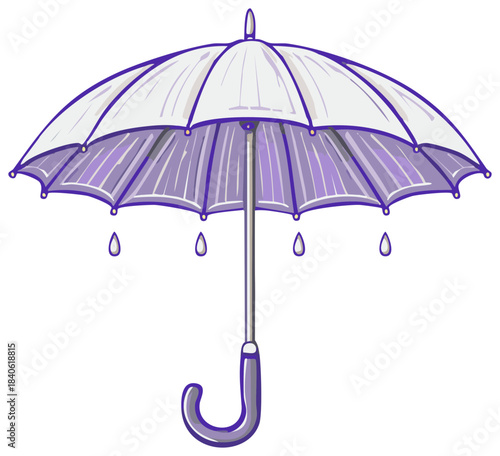 Vibrant cartoon illustration of an open purple and white umbrella with falling raindrops