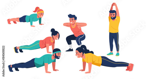 Diverse Group Undertaking Exercise Routine Together Depicted Through Modern Illustrations