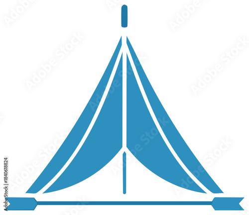 Blue Stylized Tent Icon with Arrows Representing Camping Adventure and Outdoor Activities
