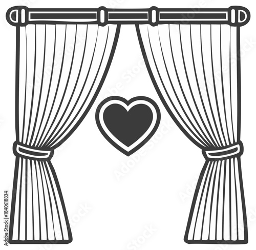 Open curtains with heart symbol decoration, vector illustration in flat design, drapery with heart