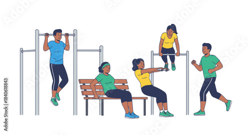 Diverse Group Engaging in Outdoor Exercise and Fitness Activities with Determination