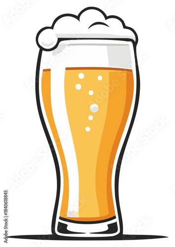 Tall glass of cold golden lager beer with a thick foamy head, vector illustration