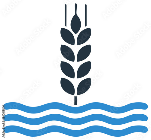 Stylized wheat stalk rising from flowing water symbolizing agriculture and harvest