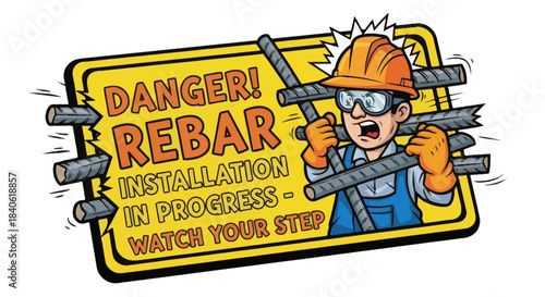 Construction Safety Sign Featuring Rebar Installation and Warning Illustration