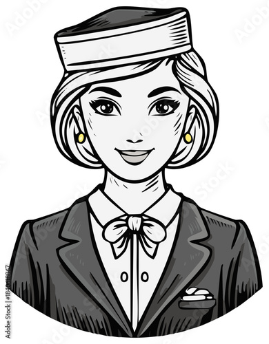 Illustrated flight attendant with bow tie, wearing hat and uniform, classic airline employee illustration