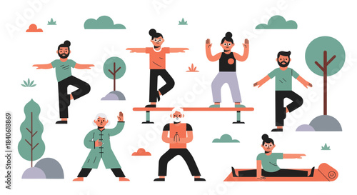 Diverse Individuals Doing Yoga Poses Outdoors Showcasing Peace, Flexibility, And Meditation