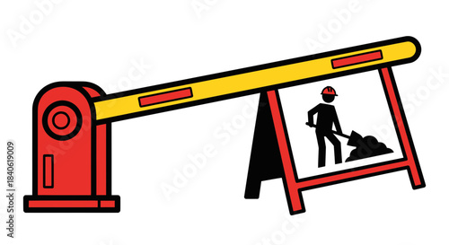 Construction Zone Barrier And Road Work Sign Depicting Underway Repairs On White