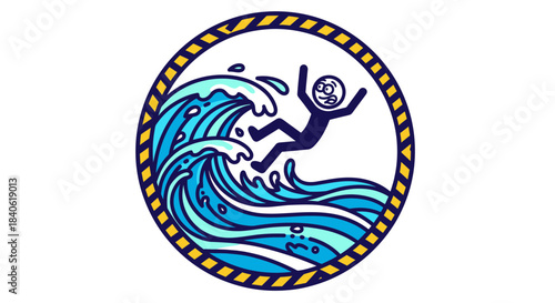 Dramatic Wave Crushes a Fearful Figure Encased within Warning Boundary Circle
