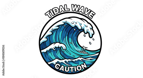 Dramatic Wave With Surfer And Caution Sign, Illustrating Potential Coastal Hazards