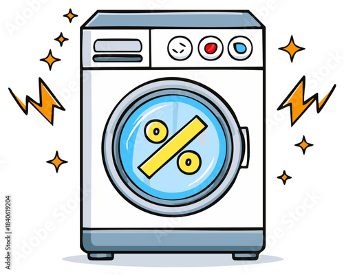 Energetic Doodle Washing Machine with Bright Yellow Percentage Symbol for Big Savings Sale