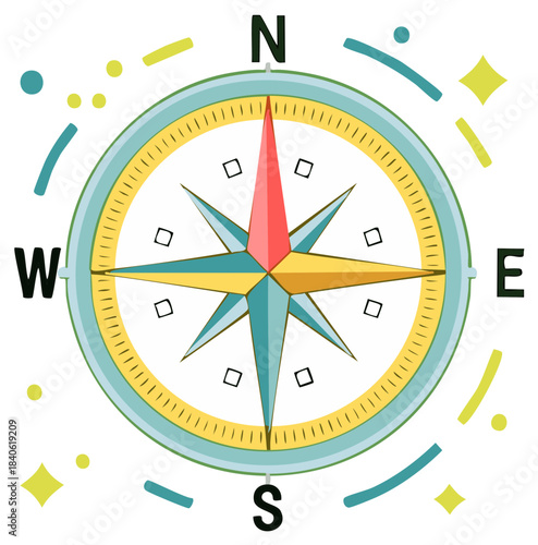 Colorful Compass Rose with Starbursts and Directional Arrows for Navigation and Exploration