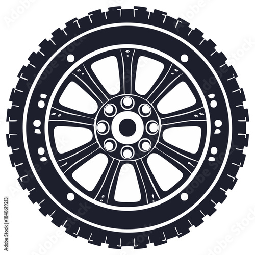Black vehicle tire and alloy wheel silhouette with detailed spokes and tread pattern