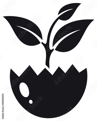 Seedling Growing from a Broken Egg Shell Silhouette Symbolizing New Beginnings and Growth in Simple Graphic