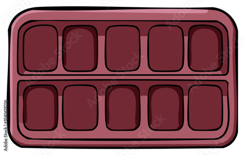 Stylized illustration of a red ice cube tray with ten compartments