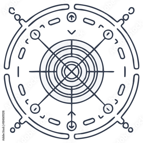 Mystical Circle Symbol Featuring Arrows and Concentric Rings, Navigation Compass Sign Design