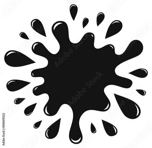 Vector illustration featuring a black ink blot with droplets, symbol for stains, splashes, and artistic expressions
